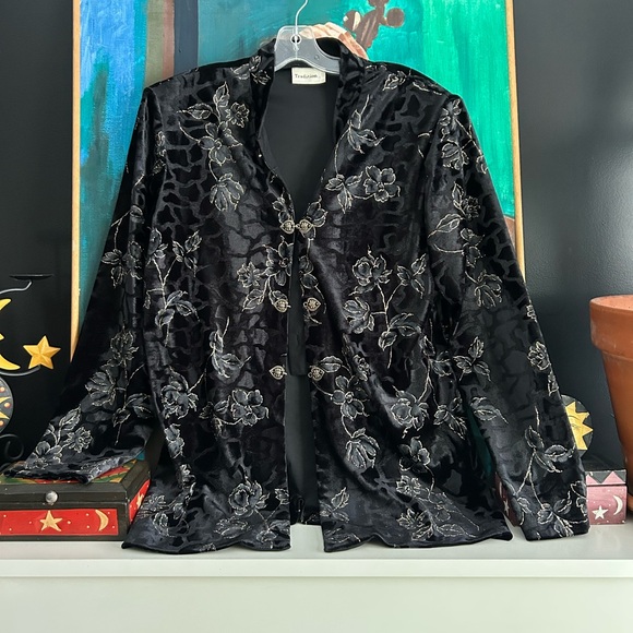 Vintage 90s Tradition black Velvet Jacket Floral Gold Sparkle Asian Cocktail 14 - Picture 6 of 16
